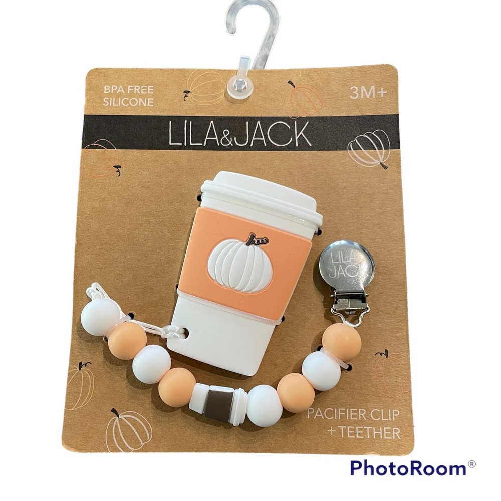 Lila & Jack Pumpkin Latte Pacifier Clip + Teether